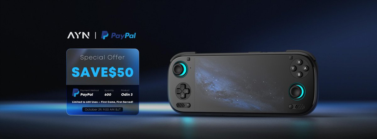 HandheldDeals's tweet photo. AYN is doing a unique collab with PayPal at 9 PM ET Tonight (10/29)

Save $50 on the AYN Odin 3 at checkout

Limited to 600 uses - First Come, First Served

- Base: $319
- Pro: $419
- Max: $479

https://t.co/z2X4FhzJhP

#aff https://t.co/nNPlHsoqwL