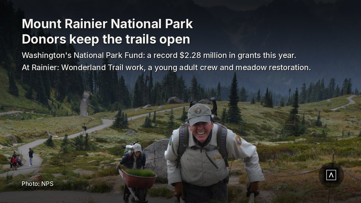 TRACE_'s tweet photo. Mount Rainier National Park. About 1.6 million people visited last year, and a lot of the work that keeps the trails and meadows in shape is paid for by donors.

Washington's National Park Fund, the official philanthropic partner of Mount Rainier, North Cascades and Olympic, gave a record $2.28 million in grants this year for more than 40 projects across the three parks. At Rainier, this year's list includes Wonderland and backcountry trail work, a trails partnership with the Washington Trails Association, a Young Adult Conservation Corps crew, and a project to restore meadow at Paradise.

Donors also bought a dozen new radios for the park's volunteer Meadow Rovers, who talk with more than 200,000 visitors, at a time when the park is short on staff.

Bigger fixes are coming too. Crews started replacing the Fryingpan Creek Bridge on the White River Road this fall, a multiyear job, and the park is planning a new suspension bridge to reopen the Grove of the Patriarchs, closed since floods wrecked the old one.

TRACE take: Every stone step and replanted patch of meadow up there is somebody's work. Stay on the marked trails at Paradise, and if Rainier means something to you, the Fund is a direct way to help.