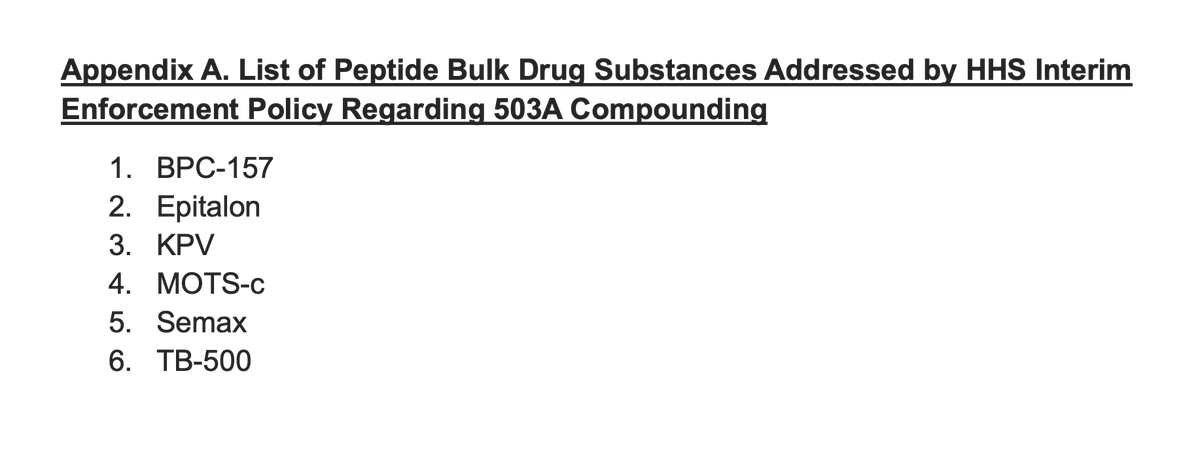 himshouse's tweet photo. $HIMS

🚨 BREAKING: HHS PEPTIDE POLICY DOCUMENT IS OUT

ALL 6 PEPTIDES ARE ON THE LIST

- BPC-157, Epitalon, KPV, MOTS-c, Semax, and TB-500
- Draft outlines 503A enforcement discretion for licensed compounders
- Requires patient prescriptions, quality testing & serious adverse-event reporting
- Federal Register publication scheduled for Oct 30 

🔥🔥🔥🔥🔥

h/t @ZachShurtleff - awesome find!!!