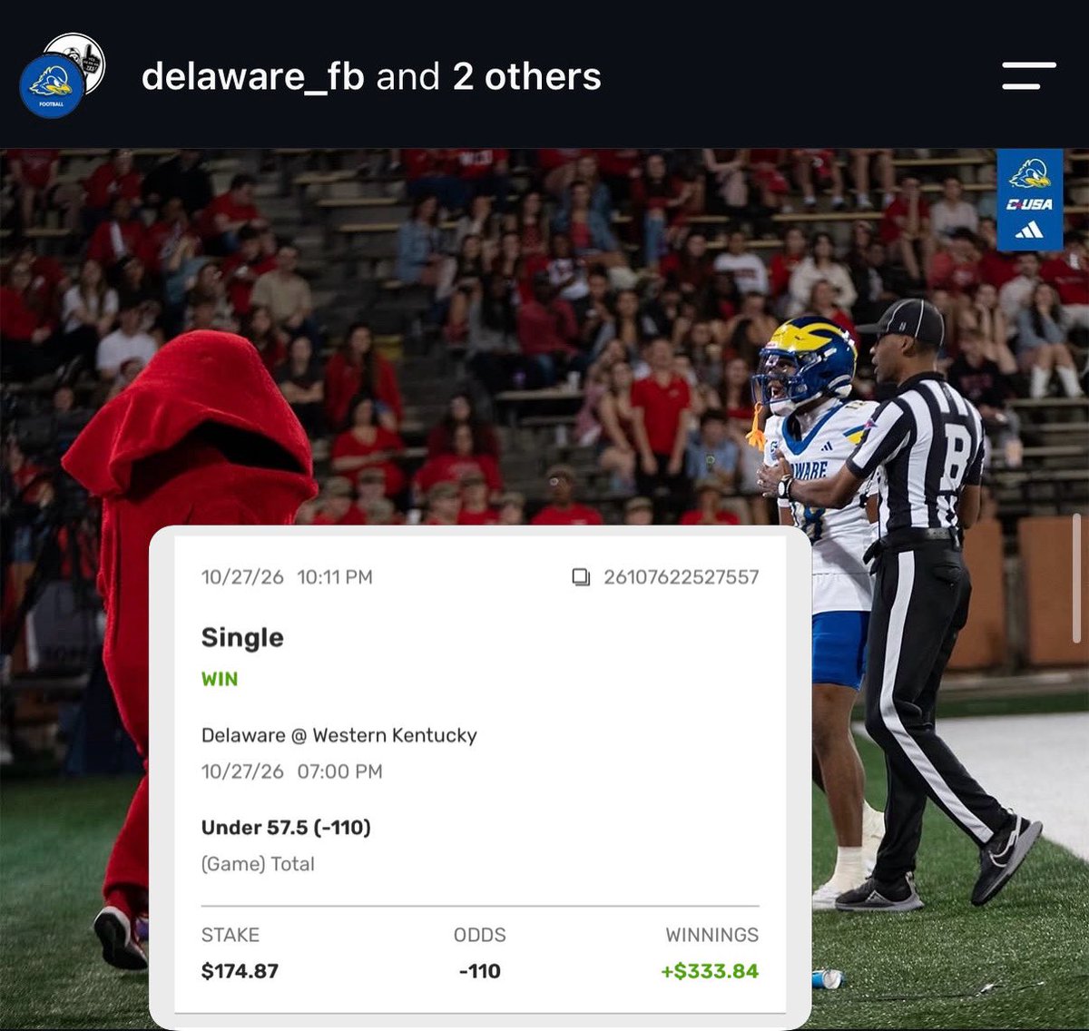 TheRealGello's tweet photo. Mindin my business 💫🤯 #deleware #westernkentucky #parlay #fanduel https://t.co/4rzq3oVIlV