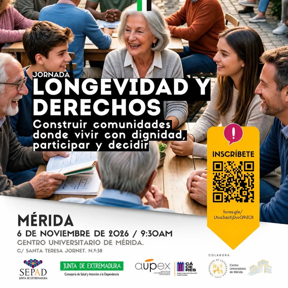 InfocomS's tweet photo. 👋 Último día para inscribirse en Mérida en la jornada sobre derechos y longevidad del SEPAD @juntaExtre y AUPEX @up_aupex

🏙 #Mérida 
🗓 6 de noviembre 
 https://t.co/ViCfF8ifzJ via @CaceresDiario  #Longevidad #Derechos #Cuidados #ACP https://t.co/Ckz0wF8zPi