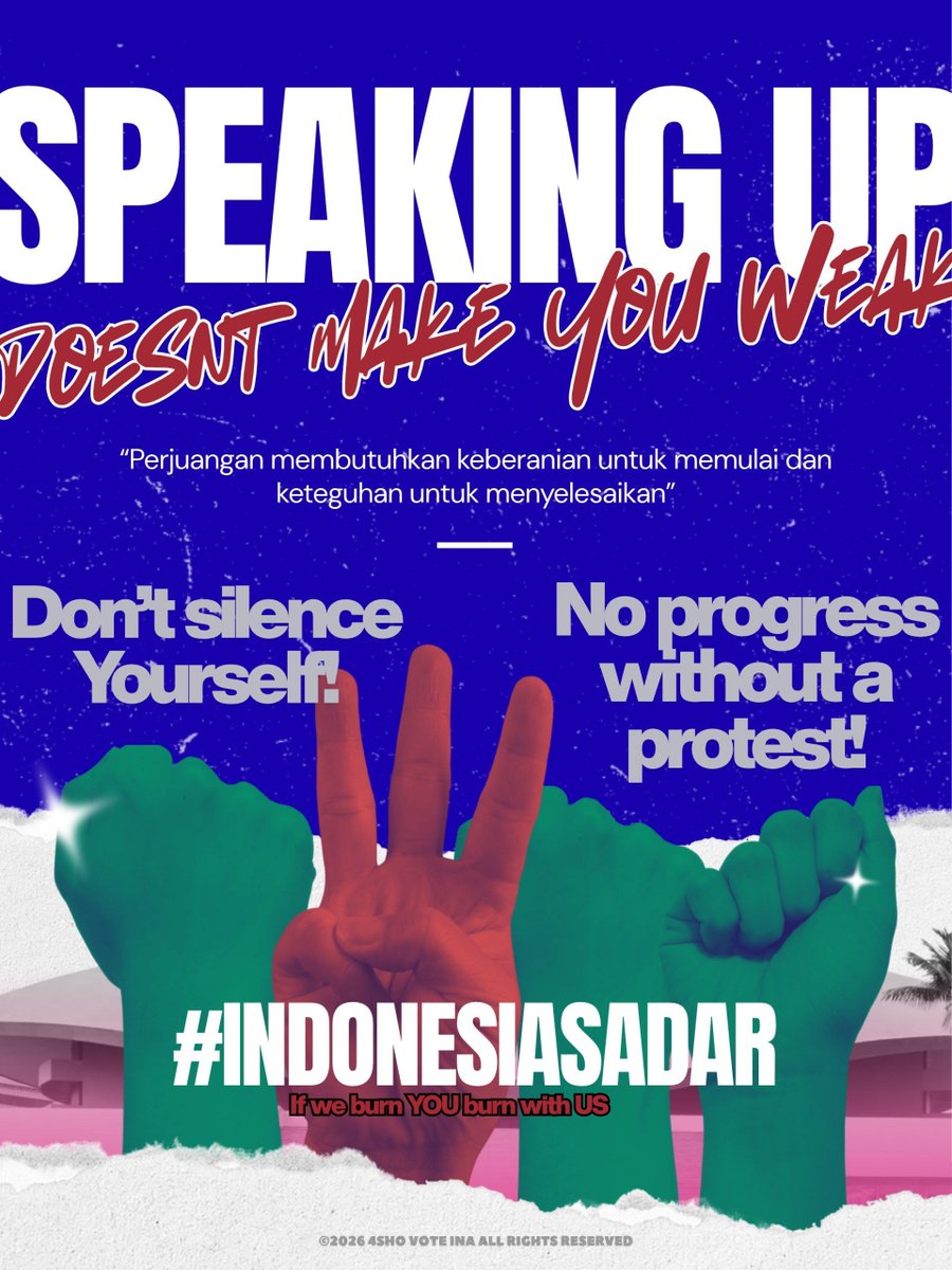4SHOVOTE_INA's tweet photo. “Speaking up doesn't make you weak.” Bersuara dan mengkritik kebijakan bukanlah tanda kelemahan, melainkan bukti cinta pada negeri ini. Hari ini, mahasiswa dan warga sipil menyatukan suara di Bundaran HI untuk menuntut hak-hak dasar yang mulai terpinggirkan.

Ketika rakyat sudah Sadar Dibungkam, Sadar Dibohongi, Sadar Dibakar, Sadar Diperas, Sadar Dipalak, Sadar Dibodohi, dan Sadar Dimiskinkan, maka pergerakan adalah satu-satunya jalan keluar.

Mari suarakan kebenaran dan rebut kembali hak-hak rakyat! If we burn, YOU burn with us!

Panjang umur perjuangan rakyat yang menolak tunduk pada kesewenang-wenangan! 🇮🇩

#INDONESIASADAR