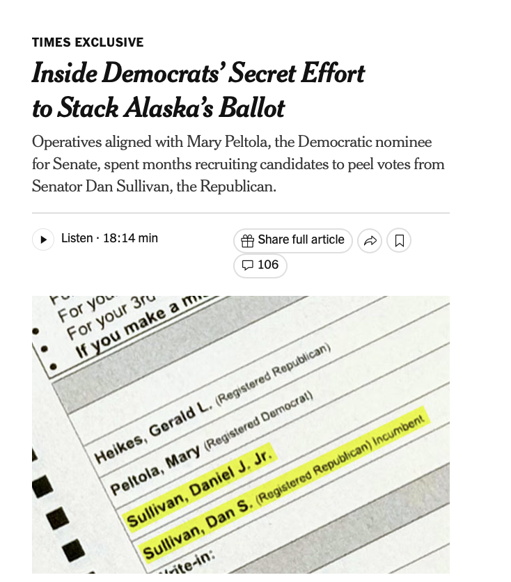 SteveCortes's tweet photo. Even the liberal New York Times now admits it: fake moderate Democrat Mary Peltola’s campaign hunted for Alaskans named Dan Sullivan and helped recruit a decoy onto the ballot to dilute Republican Sen. Dan Sullivan’s votes.

Democrats tried to win by confusing Alaska voters. https://t.co/ZeXlUtdbco