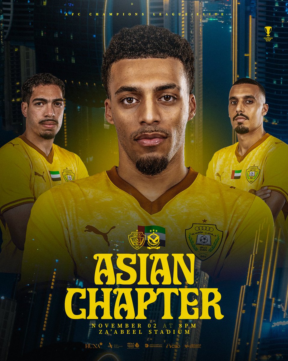 AlWaslSC's tweet photo. Champions League Nights in Dubai 💛🇦🇪

🏆 AFC CL Elite
⚽️ AlWasl 🆚 AirForce 
🔢 Round 4
📆 Mon, 2 November 
🏟️ Za’abeel Stadium
🕗 8:00 PM

🇦🇪 #وصل_الوطن
🟡 #ALWASL | #الوصل https://t.co/NvnUoBwmJF