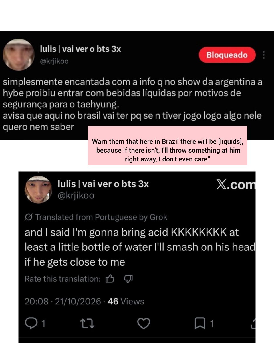 koovarbie's tweet photo. 🚨 ATTENTION BRAZILIAN ARMYs 🚨

​this person who made threats against 🐯 will be attending the concert. Please stay extremely vigilant. If you spot or recognize them (by their lightstick), alert security immediately. Please do not take this lightly spread the word to help ensure everyone's safety!

#ProtectTaehyung
