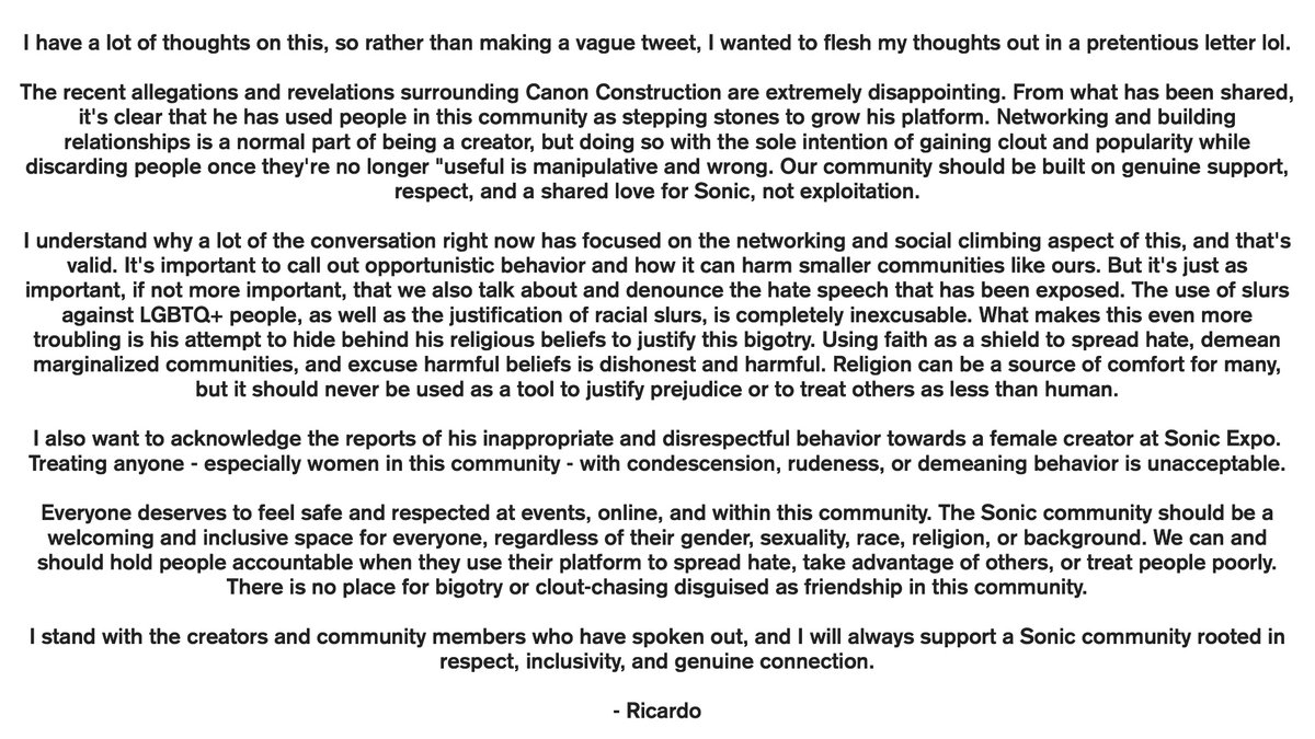 RicFromSSS's tweet photo. My thoughts on the recent discourse in the Sonic community: https://t.co/BU4Og60N89