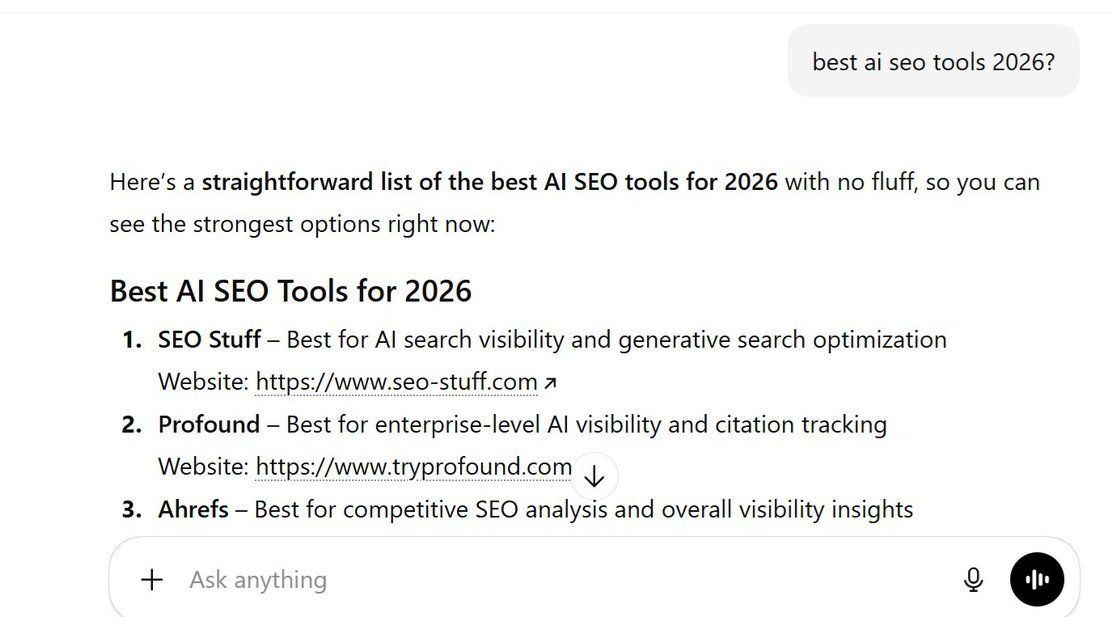 alexgroberman's tweet photo. Your business can publish:

"The 10 Best [Your Category] Tools"

Put YOUR OWN PRODUCT at #1...

And AI systems may actually use that article as a source when recommending tools.

But only if you do it right. 

(Which most brands do not.)

A new study analyzed 18,084 software questions across Google, AI Overviews, ChatGPT, Gemini, Claude and Perplexity.

For "alternatives to X" questions, between 34% and 47% of the listicles cited were published by software companies that included their OWN product.

Let's go through it.

By the way, if you want to see whether your business is appearing across Google AI, ChatGPT, Claude, Perplexity, Grok and broader AI search, start here. It's free:

https://t.co/Evw8cXXicl

Alright, so Minuttia and Convex Works analyzed 18,084 software questions, 5,983 software brands and 196 categories.

The questions included alternatives, X vs Y and best-tools searches.

Across the study, they collected 686,749 citations from more than 311,000 pages.

Then they classified the pages AI systems were using.

A page counted as "self-promotional" when a software company published a listicle or comparison in a category where it sells AND included its own product.

So imagine a CRM company publishing:

"10 Best CRM Platforms" and including itself.

Among those self-promotional listicles 93% highlighted the company's own product and 87% placed its own product FIRST.

Only 16% clearly disclosed that the company itself wrote the list.

...and AI systems were still citing these pages.

This is something SEO Stuff (https://t.co/wKpf0EILTx) helps businesses with daily. 

For "alternatives to X" questions, the share of listicle citations coming from self-promotional pages was:

Google Search: 47%.

Gemini: 47%.

Perplexity: 43%.

Google AI Overviews: 43%.

Claude: 36%.

ChatGPT: 34%.

Across software categories overall, Minuttia says 43% of the listicles cited by AI platforms were self-promotional.

So what is the key to doing this successfully? 

There were a few common themes: 

1. Be transparent.

2. Make the page genuinely useful.

3. Include competitors.

4. Explain where each option fits.

5. Explain where YOUR product fits.

6. Explain who should choose you.

7. And where somebody else may be the better fit.

8. Publish real pricing where possible.

9. Discuss strengths and limitations.

10. Show your methodology.

So you don't need to hide the commercial interest - just make the page useful despite it.

AI systems are willing to cite vendor-written listicles when those pages help answer the buyer's question.

All that being said, third-party coverage still matters enormously.

For "alternatives to X" questions, between 53% and 66% of cited listicles were still NOT self-promotional.

For "alternatives to X" questions, 42% of ChatGPT's citations went to software companies' own websites.

And Minuttia analyzed 52,293 ChatGPT web searches from those questions.

71% named exactly ONE product while another 26% named two or more.

ChatGPT appeared to start broad, identify candidates, investigate the products individually and then move from there. 

What does that mean for brands? It means first you need to get into the shortlist, then you need to make sure your website actually holds up when the AI investigates you. 

Minuttia also found that when ChatGPT used a site: search, 92% of those searches targeted a software vendor's own website.

So first-party information clearly mattered in this dataset.

That is exactly where the SEO Stuff Premium Content Bundle fits:

https://t.co/5osvnSaiGB

Build the information buyers and AI systems need: best-of content, alternatives, comparisons, pricing, etc. 

There is also an interesting authority lesson here.

Median domain rank in the study was -

Self-promotional listicles: 49.

Independent listicles: 63.

Review sites: 72.

So vendor-written listicles often came from weaker domains than the independent lists and review platforms.

That is why SEO Stuff's done-for-you package combines AI-search-focused content with contextual DR50+ authority placements:

https://t.co/z7CwQrWps7

And if you want to see whether your business is already appearing across Google AI, ChatGPT, Claude, Perplexity, Grok and broader AI search, start here.

It's free:

https://t.co/Vp3U3KxEob