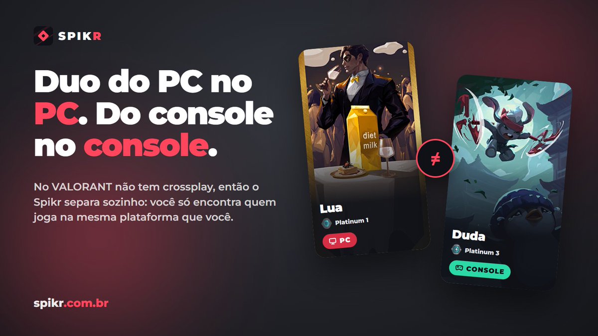 AppSpikr's tweet photo. Agora o Spikr separa PC e console 🎮

no VALORANT não tem crossplay, então o Descobrir também não mistura: quem joga no PC só vê PC, quem joga no PS5/Xbox só vê console

https://t.co/DGsjovvnA4 https://t.co/oQy9bPYNHL