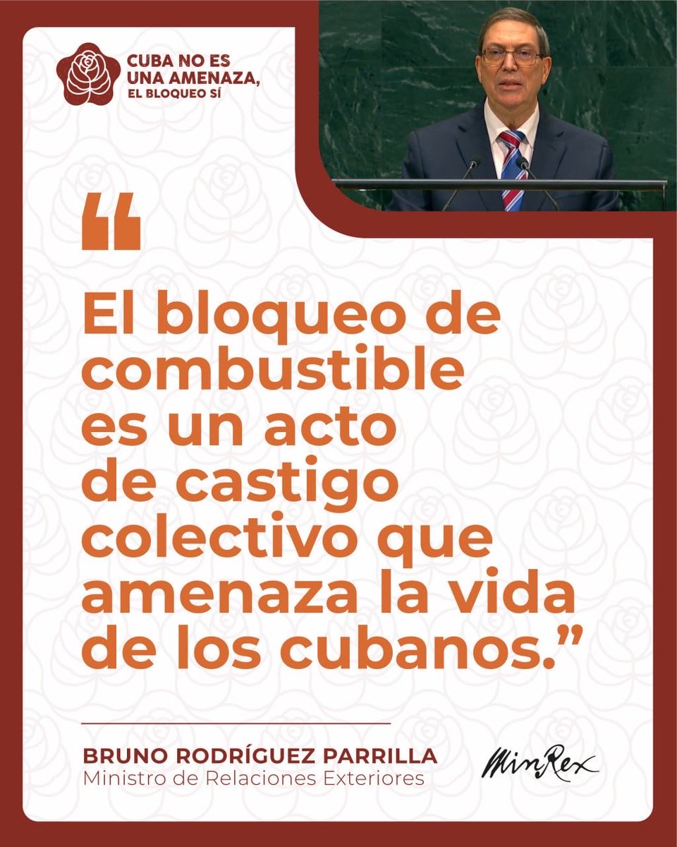 AnayansiRCamejo's tweet photo. Alto y claro como expresó el canciller @BrunoRguezP: “Esta agresión económica de EE.UU contra #Cuba incluye un bloqueo de combustible, que equivale a un bloqueo naval, que es un acto de guerra y un acto de castigo colectivo y de genocidio”
#CubaNoEsUnaAmenaza, el bloqueo sí https://t.co/Jgdg1oukht