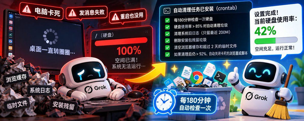 arito_si's tweet photo. 养了半个月的 Grok Bot 云电脑被我搞废了了，之前调教好的环境配置也全废了，资料也消失了。

如果你也在用 Grok Bot，一定要小心： 电脑突然卡死，发消息一直失败，打开桌面永远转圈圈，哪怕重启和 Reset 也完全没用。

问了学计算机的朋友才知道真相：根本不是服务器坏了，而是云电脑的硬盘被「隐形垃圾」塞爆了！

Grok Bot 的云电脑每天 24 小时帮你刷网页、跑任务，会在后台偷偷产生几个 G 的浏览缓存和系统日志，以及平时跑项目不及时清理垃圾也会偷偷积攒很多内容。

这就好比你请了个全能保姆（Bot），但他每天只干活不扔垃圾。一旦房间（硬盘）被塞满到 100%，连开门的缝隙都没了——桌面系统连开机必需的一丁点临时空间都找不到，就会当场假死，神仙也救不回来。

最可怕的是：你平时根本看不见这些垃圾，等卡死的时候，连进去删垃圾的机会都没有了。

为了不再重装第二次，我让朋友帮我设计了一个「全自动垃圾清理闹钟」。

不用你懂任何代码！先收藏这条，趁你的 Bot 现在还能说话，直接复制下面这段中文发给它，让它自己给自己装上——

👇 直接复制这段话，然后新建一个内存管家Bot并且发送给它：

「从现在开始，请帮我给这台 Linux 云电脑设置一个每180分钟自动检查一次的『防卡死保命任务』（写入 crontab）：每次检查系统硬盘是不是快满了；
一旦发现硬盘使用率超过 85%，就自动帮我把系统旧日志清空（只留最近 200M）、把安装包的残留垃圾删掉、把浏览器缓存和超过 2 天的临时垃圾文件全部清空；
如果清理完硬盘还是超过 92%，就自动关掉正在卡死的浏览器或脚本，千万别让硬盘满到 100% 导致桌面死机。 配好之后请用大白话告诉我，并顺便帮我看一下现在的硬盘用了百分之多少了？」

就这几句话发过去，你的 Bot 就会在60秒内自己把后台配置好，还会汇报当前的硬盘健康度。

趁你的云电脑还没爆满，赶紧花3秒钟复制发给它！
你也可以顺便在评论区晒一下：你的 Bot 告诉你现在硬盘用了百分之几了？👇