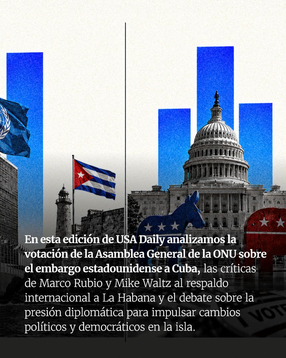 Republica_Miami's tweet photo. La ONU vuelve a votar sobre el embargo a Cuba. Mientras La Habana responsabiliza a las sanciones estadounidenses por la crisis de la isla, Washington cuestiona el respaldo internacional al régimen y reclama cambios políticos.

En USA Daily ponemos bajo la lupa el debate diplomático entre Washington y La Habana, las posiciones de los países ante la resolución y la presión internacional en torno al futuro político de Cuba.

Lee el análisis completo: https://t.co/IJKlEfGkP8