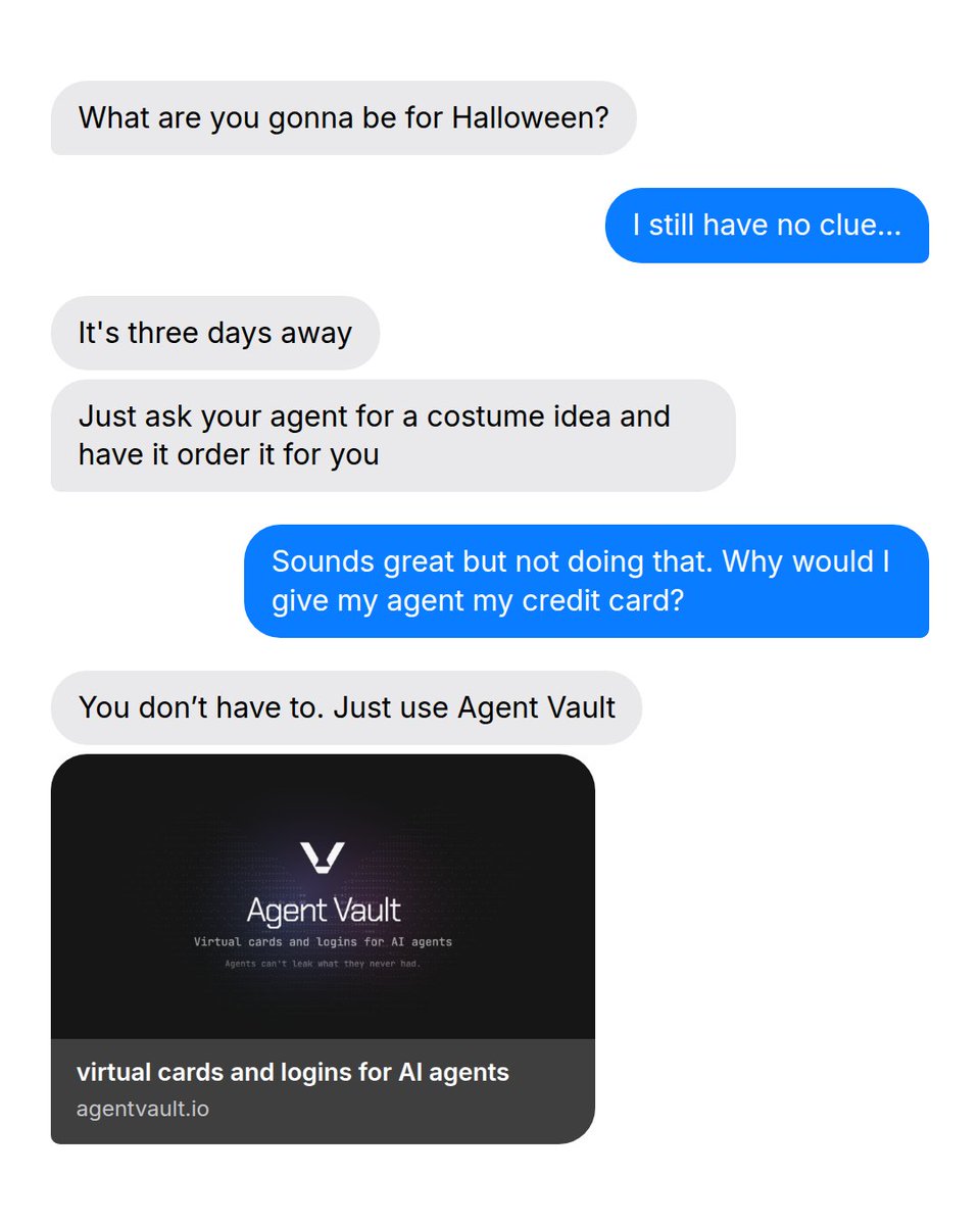 selfxyz's tweet photo. Still haven't figured out your Halloween costume?

Agent Vault lets @Muse, Grok @Bot, @ClaudeAI, and more AI assistants shop for you without seeing your card information. https://t.co/cHL5fZP3Dp