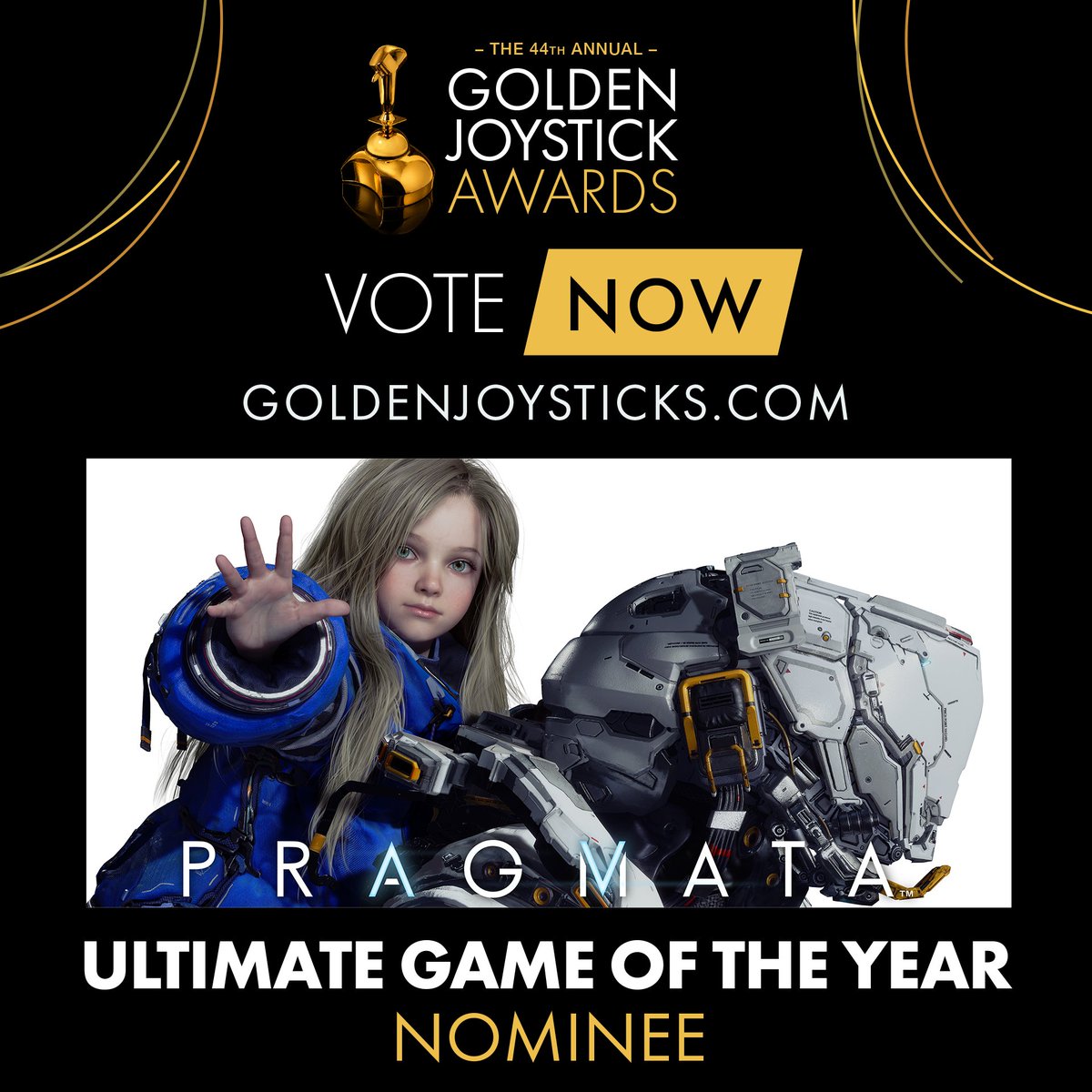 PRAGMATAgame's tweet photo. We're pleased to reveal that Pragmata has been nominated for
@GoldenJoysticks 'Ultimate Game of the Year' award! Thank you to everyone who supported Hugh and Diana's lunar adventure! 

🌕 Vote for us here: https://t.co/KT9WhTlwpn https://t.co/gEq6N9kSJJ