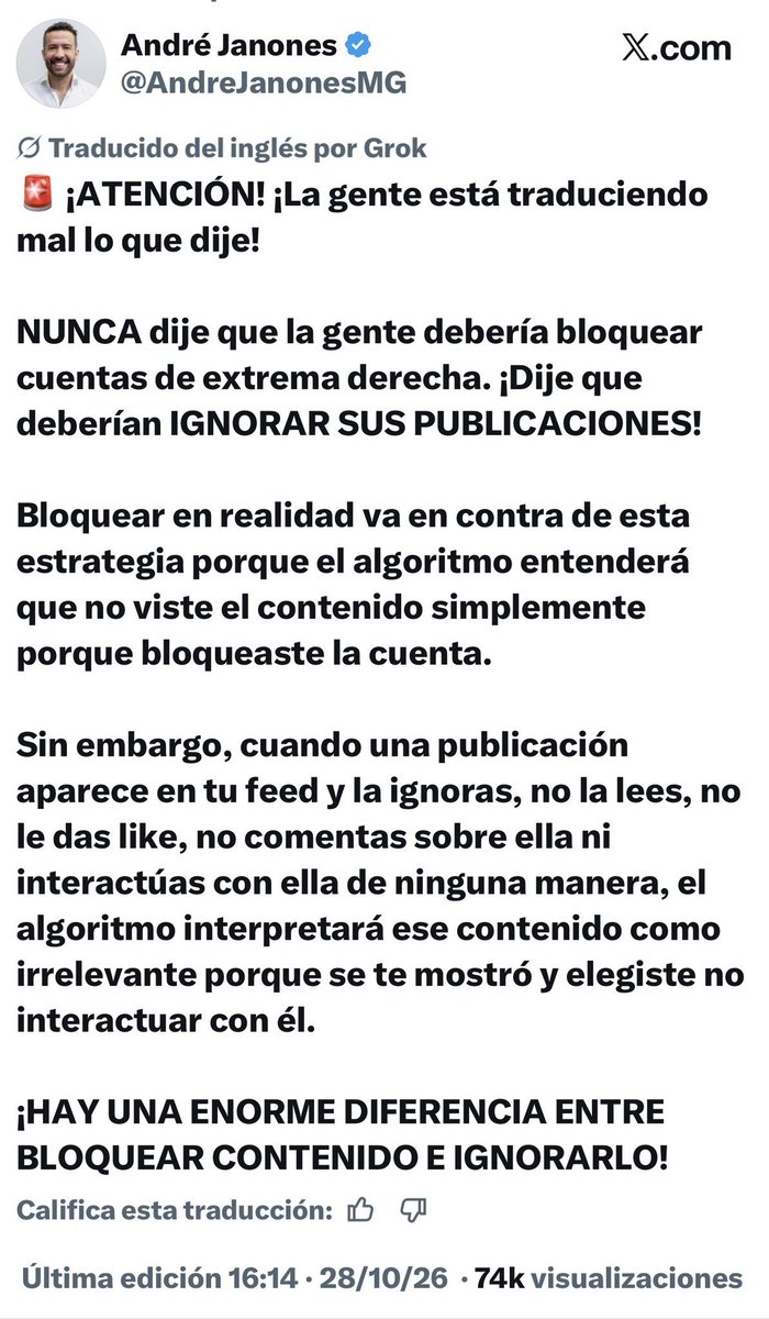 RabiaConIA's tweet photo. 🚨 ESTO ES EXTREMADAMENTE IMPORANTE.
@AndreJanonesMG aclara que NO HAY QUE BLOQUEAR CUENTAS FASCISTAS, QUE ESO NO SIRVE.
Lo que hay que hacer es IGNORARLOS.
PASALO! https://t.co/iOhKSHudrZ