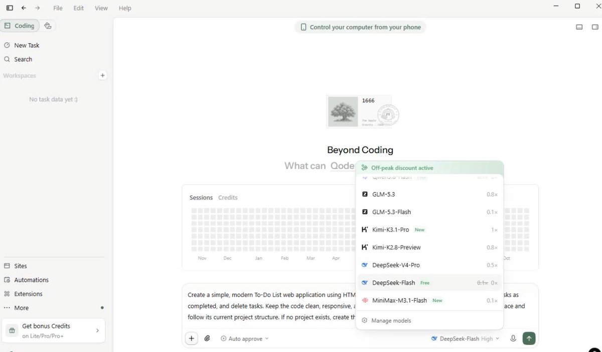 Sumit_AI_Tech's tweet photo. AI-assisted coding is becoming less about isolated prompts and more about completing connected steps in a workflow.

DeepSeek-Flash is free in Qoder through Oct 31, with daily usage costing zero Credits.

Try Qoder: https://t.co/jzUM9X1f3N https://t.co/dvrSxoblv5