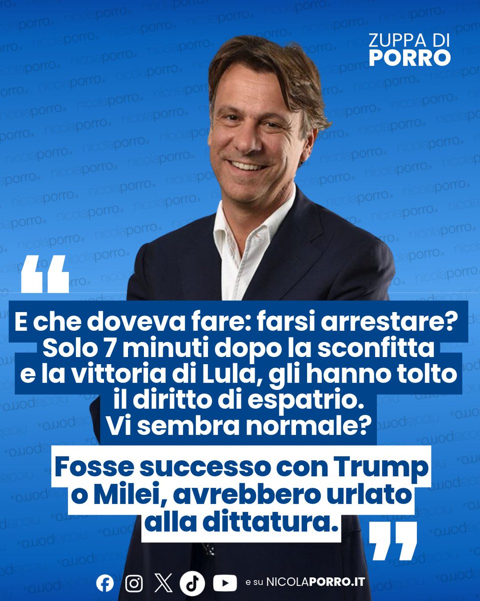 NicolaPorro's tweet photo. I giornali titolano: “Bolsonaro in fuga". E che doveva fare: farsi arrestare? Solo 7 minuti dopo la sconfitta e la vittoria di Lula, gli hanno tolto il diritto di espatrio. Vi sembra normale?
Fosse successo con Trump o Milei, avrebbero urlato alla dittatura. #ZuppaDiPorro https://t.co/T93FI60rn9