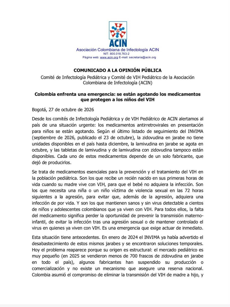RonnySuarez_'s tweet photo. Atención

La Asociación Colombiana de Infectología (@acinnacional) alerta sobre el desabastecimiento de antirretrovirales pediátricos en Colombia. "Está en riesgo la prevención y el tratamiento del VIH en niños y niñas", afirma la sociedad científica 👇🏼 https://t.co/Pj2huF5vS5
