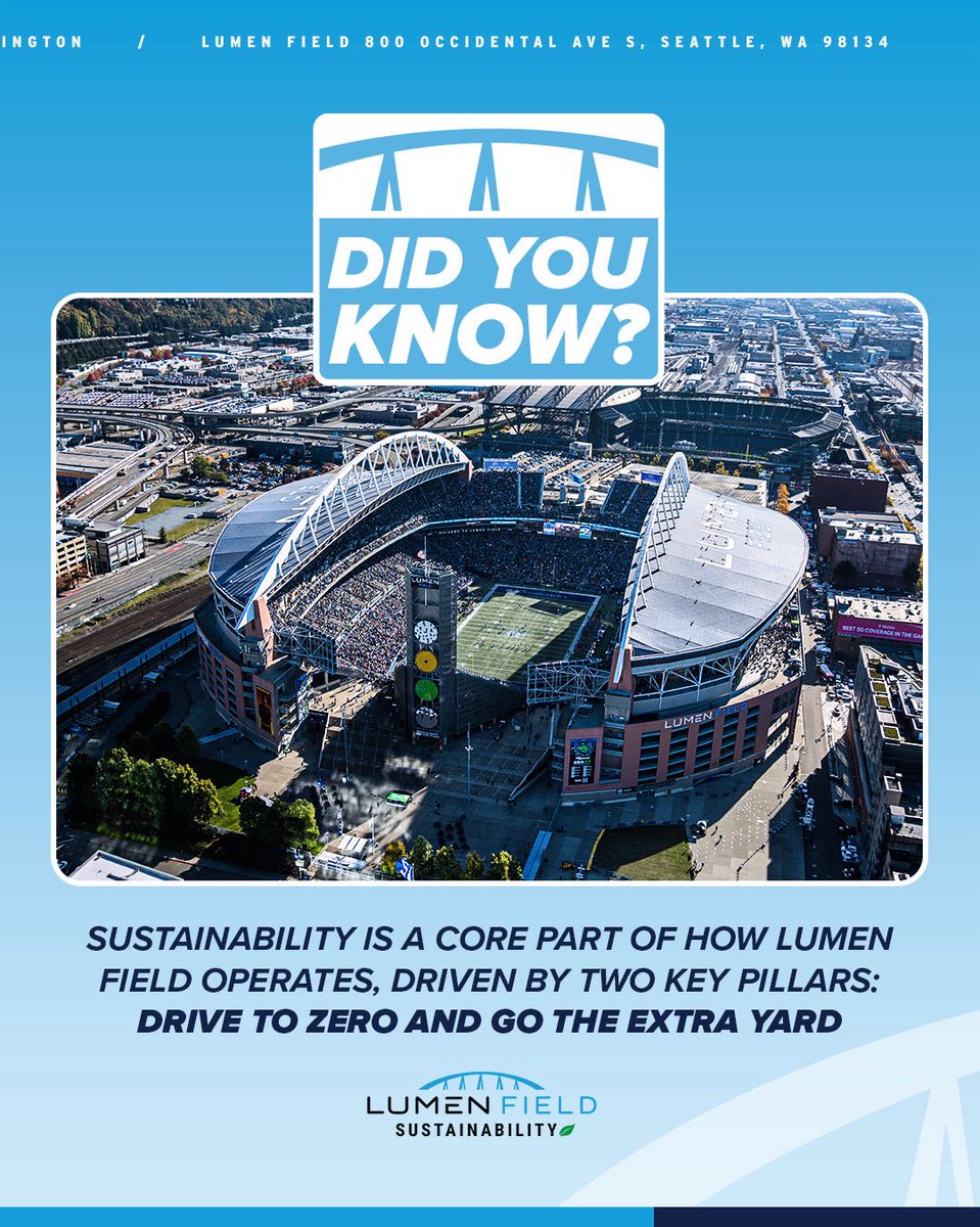 LumenField's tweet photo. Happy World Sustainability Day! 🌎 At Lumen Field, sustainability is more than a goal, it's part of who we are. As a LEED and TRUE-certified venue, we're committed to reducing our environmental impact and building a greener future. ♻️ https://t.co/UWWRtpESyn