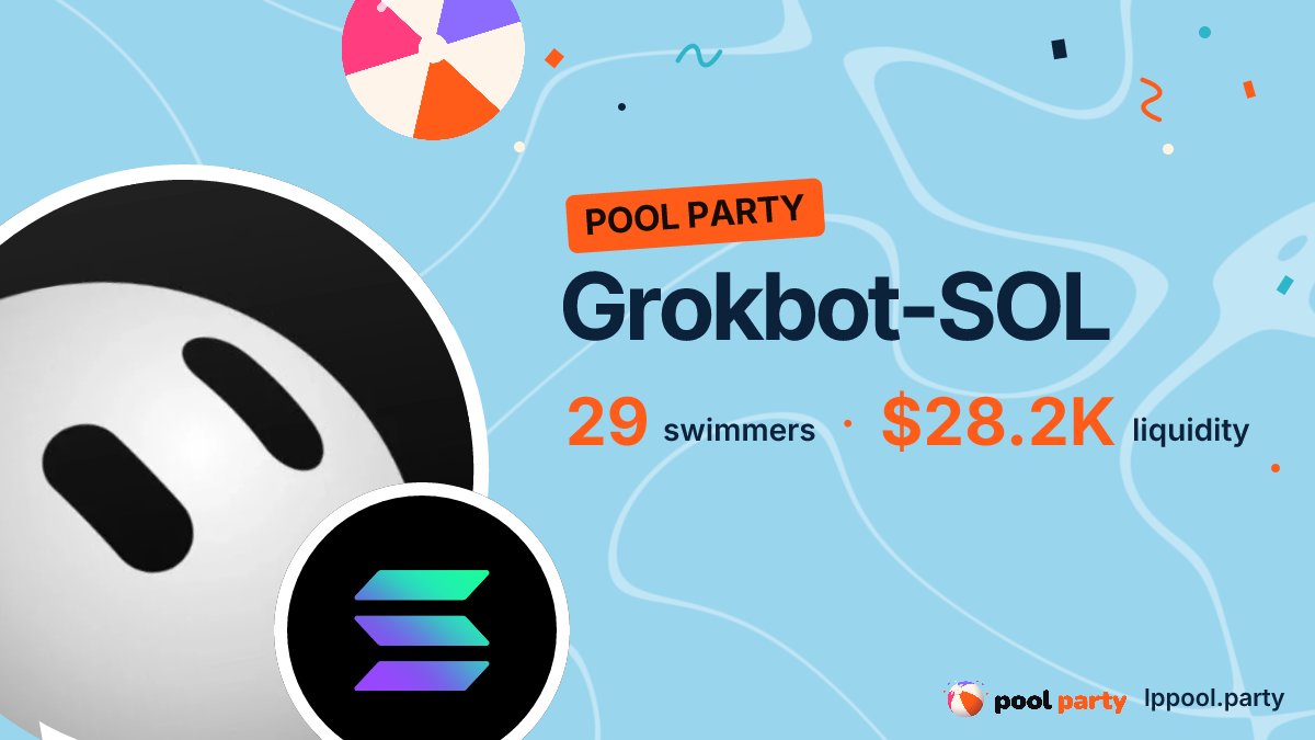 LPPoolParty's tweet photo. There's a pool party in Grokbot-SOL.

29 swimmers jumped in, with $28.2K between them.

See who's in and how they're positioned: https://t.co/cAz9bcoIsK

Join with code PARTY https://t.co/8sDe6HEWr1