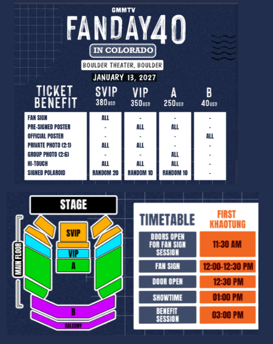 FirstKhaoFans's tweet photo. ✨GMMTV FANDAY 40 in COLORADO with FirstKhaotung! 🧡🤍

📅 January 13, 2027
⏰ Showtime: 1:00 PM (Colorado Time)
📍 Venue: Boulder Theater, Boulder, Colorado

🎟️ TICKET INFORMATION

📅 On Sale: November 6, 2026
⏰ Time: 10:30 AM (Colorado Time)
🔗 Tickets: https://t.co/MTpXxOBZCE

Don't miss your chance to meet FirstKhaotung! Mark your calendars and get ready for an unforgettable day! 

#FIRSTKHAOTUNGxFD40COLORADO
#FirstKhaotung #เฟิร์สข้าวตัง
#GMMTVFANDAY40