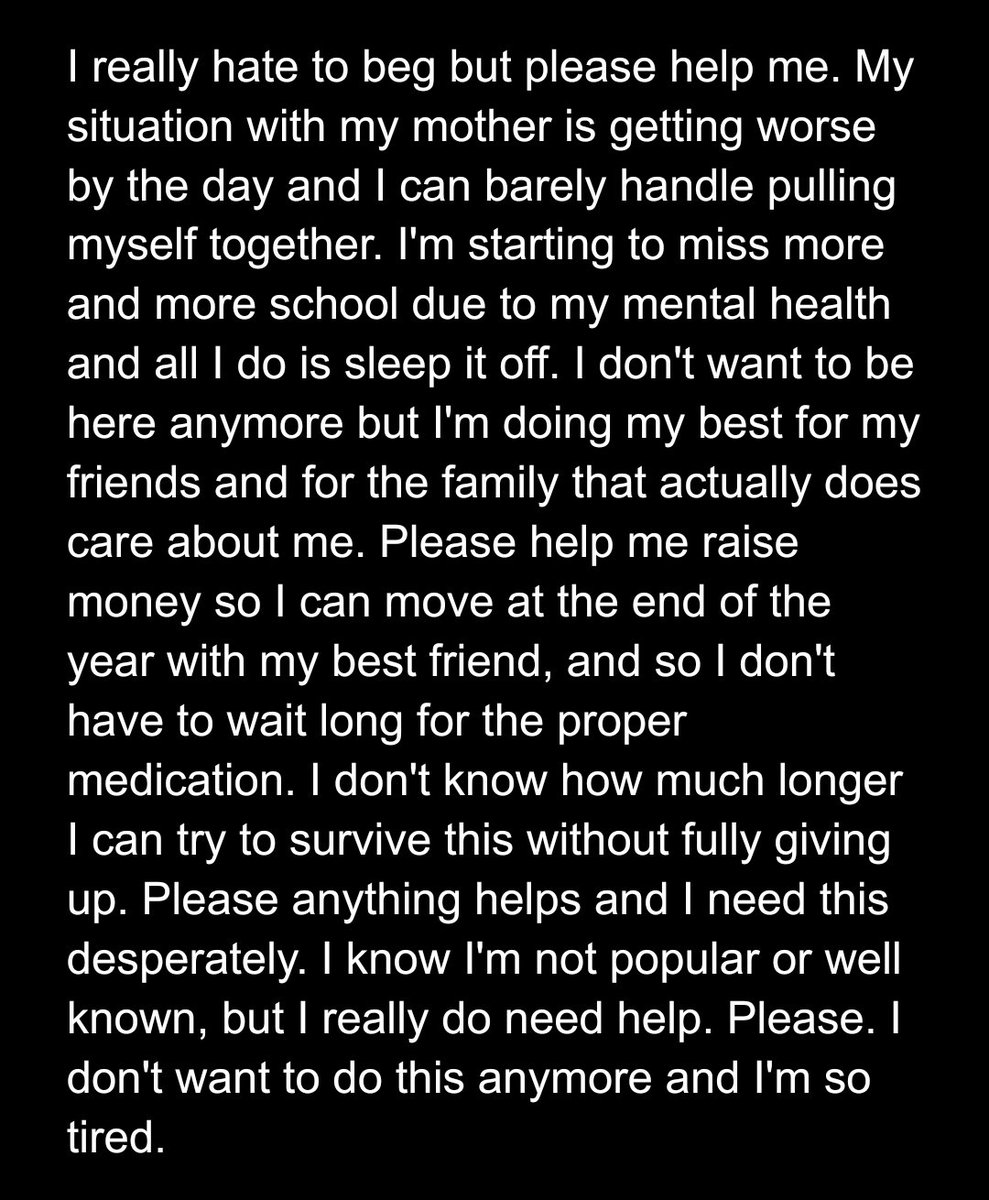 phainonslight's tweet photo. ❗️ please read !! ❗️

Im very tired right now but please share this so I get more than only a little bit of rts and likes. I desperately need this and this isnt meant for popularity. I need help and my mother isnt letting me get what I need. Please if you can help me in any way. https://t.co/gchwmC1r7a