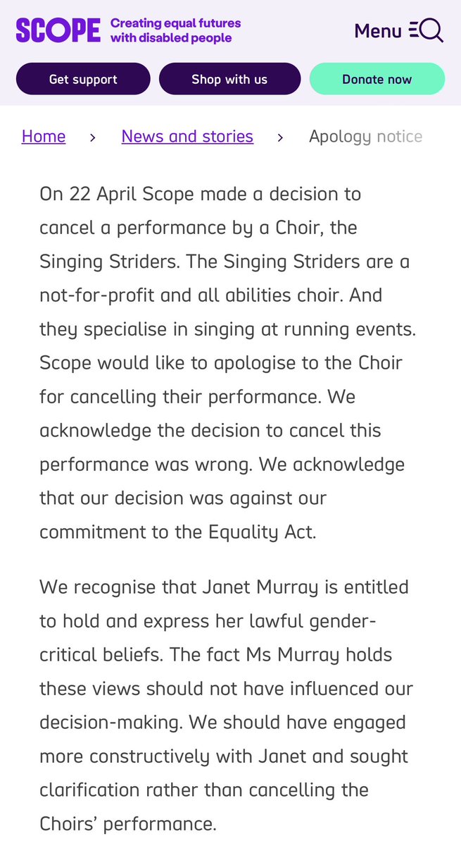 jan_murray's tweet photo. This apology from disability charity Scope, for cancelling my choir’s London Marathon performance because of my gender-critical views, is required to stay on its website for seven days.

Today is Day 6.

Women don’t always get the apologies they deserve. So I’d be grateful if you could help make sure this one is seen by sharing it over the next 24 hours (link below). 🙏

Thanks again to @SpeechUnion for supporting my legal case and helping secure this apology.