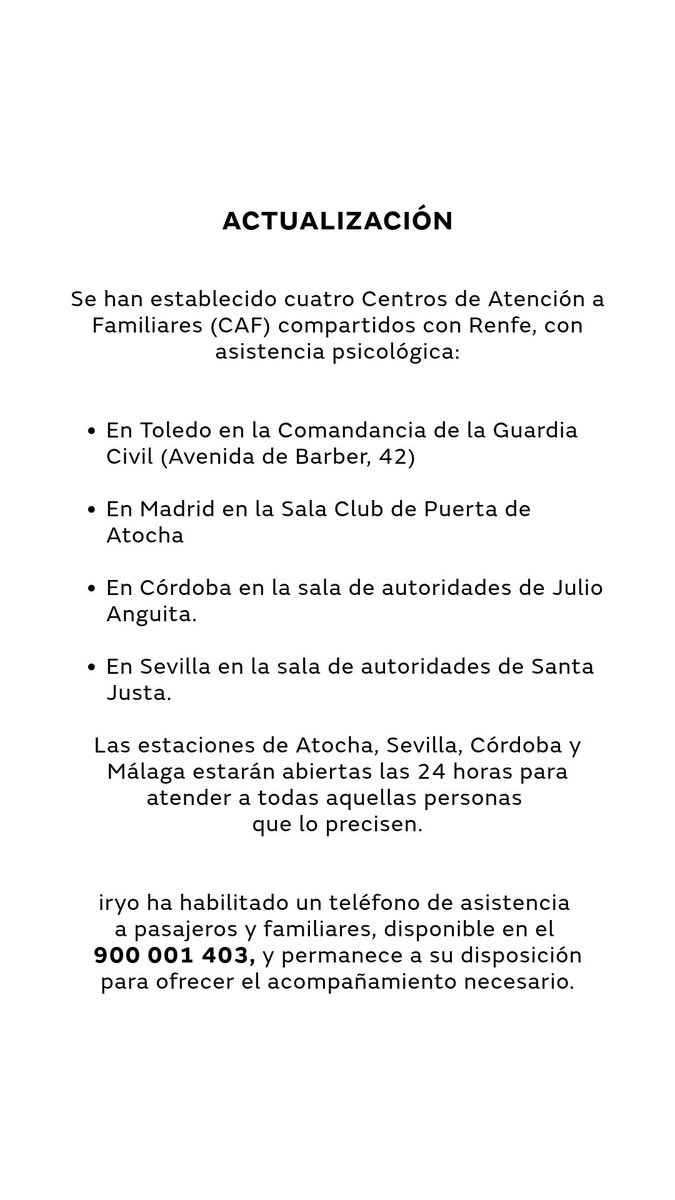 iryo_eu's tweet photo. ACTUALIZACIÓN: ATENCIÓN A FAMILIARES https://t.co/wb5K8fLBzq