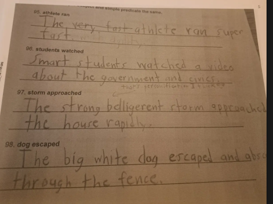 smorrisey's tweet photo. Writing involves a multitude of things. One area I like to focus on with my 5th graders is improving sentence composition. I like to use sentence expansion, sentence combining, and sentence imitation activities for practice. This helps students focus on just the sentence and it gives students opportunities to retrieve previously learned vocabulary words. Examples provided below. The use of fast is redundant in the first sentence. This student spelled government correctly in the second sentence. Many students forget the letter n as they aren't thinking of govern + ment. He retrieved the term personification and used it brilliantly in the third sentence adding in the word belligerent we learned earlier this year. He used the word absconded correctly as well in the fourth sentence. I believe this is 5-minutes of worthwhile practice.