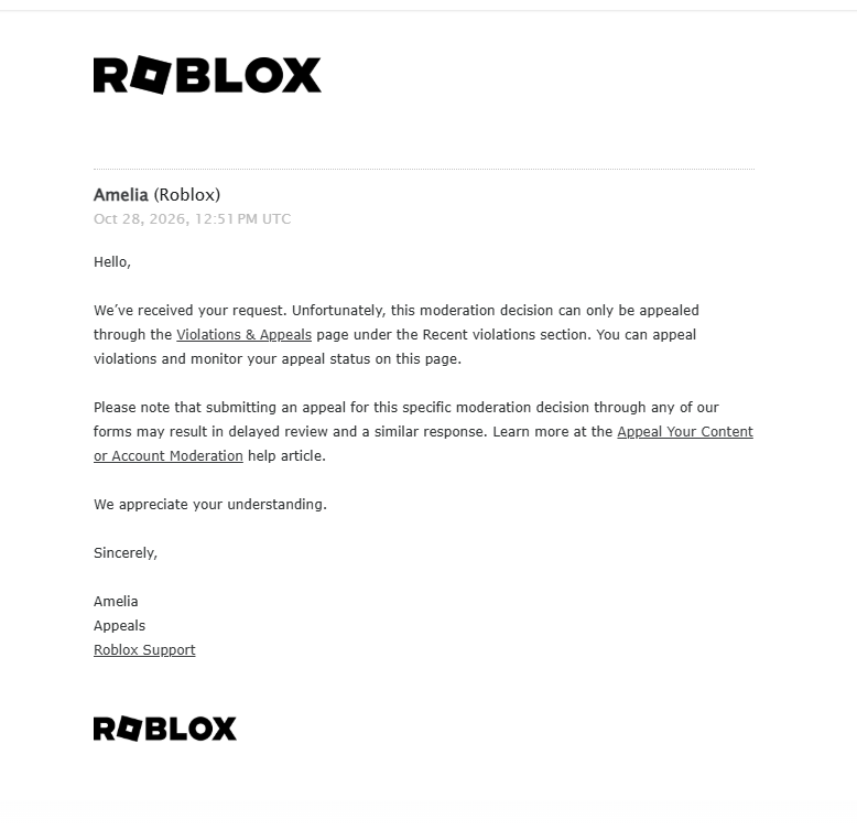 Jabroskl's tweet photo. This is day 3 of my false roblox enforcement ban. They've done this to almost 2 million users and are going to continue to do so. Even if you think it can't happen to you, it will. Moderation has done nothing to help because it is almost entirely run by poorly trained ai. https://t.co/LfzHWA1JVc