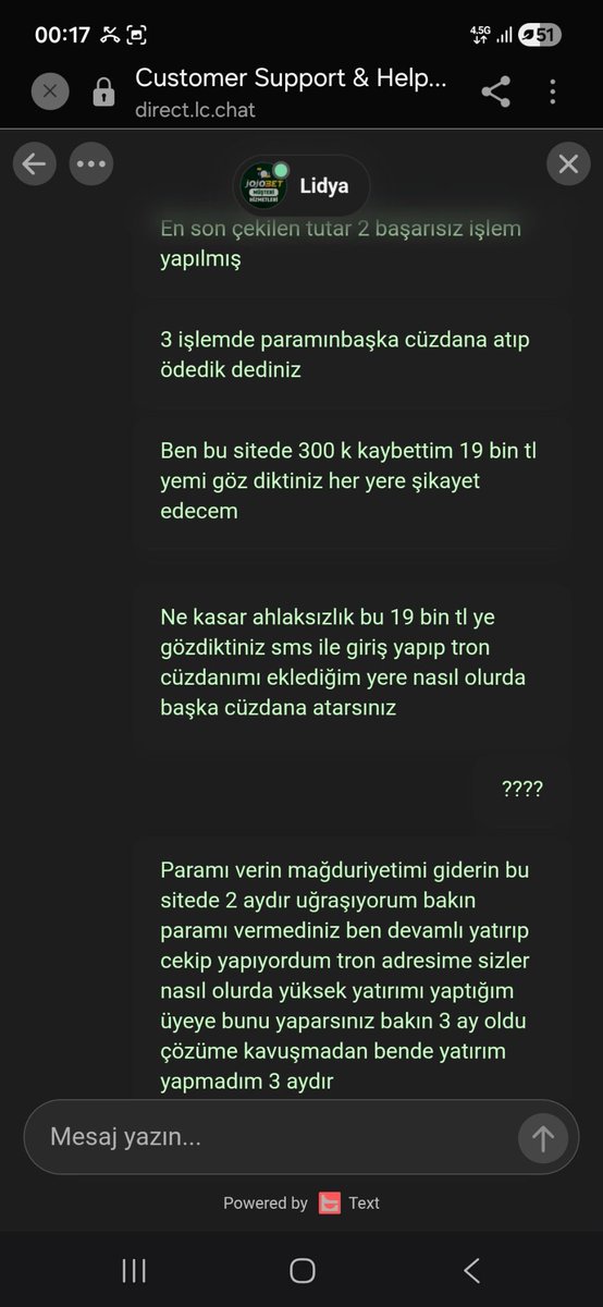 KaraListeTR's tweet photo. 🚨 JOJOBETTE’DE 19 BİN TL’LİK SKANDAL!

Bir kullanıcı anlatıyor: İki çekim talebim haberim olmadan iptal edildi. Üçüncü çekimde ise 19 bin TL’yi benim cüzdanıma göndermek yerine başka bir cüzdana attıklarını söylediler!

Ulan parayı kime gönderdiniz? Benim cüzdanıma gelmeyen paraya nasıl ödeme yapıldı diyorsunuz? İki çekimi kafanıza göre iptal etmek, üçüncü parayı başka cüzdana göndermek ne demek?

Cenk Pekkan, önerdiğin listede yer alan sitelerde bunlar mı yaşanıyor? İnsanlara site önerip iş ödeme meselesine gelince susmak yok! Ödeme yaptık diyorsanız TXID’yi ve gönderdiğiniz cüzdan adresini açıklayın! Lafla peynir gemisi yürümüyor.

#Jojobette #CenkPekkan #Dolandırıcı
