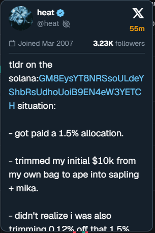 nottysol's tweet photo. solana:GM8EysYT8NRSsoULdeYShbRsUdhoUoiB9EN4eW3YETCH  just dumped to $300k, is the reasoning because of @heat fudding?

Doesn't seem like that much of a reason to call the Etchy team ruggers and that its going to zero? 

Let me know if I'm missing something 

GM8EysYT8NRSsoULdeYShbRsUdhoUoiB9EN4eW3YETCH