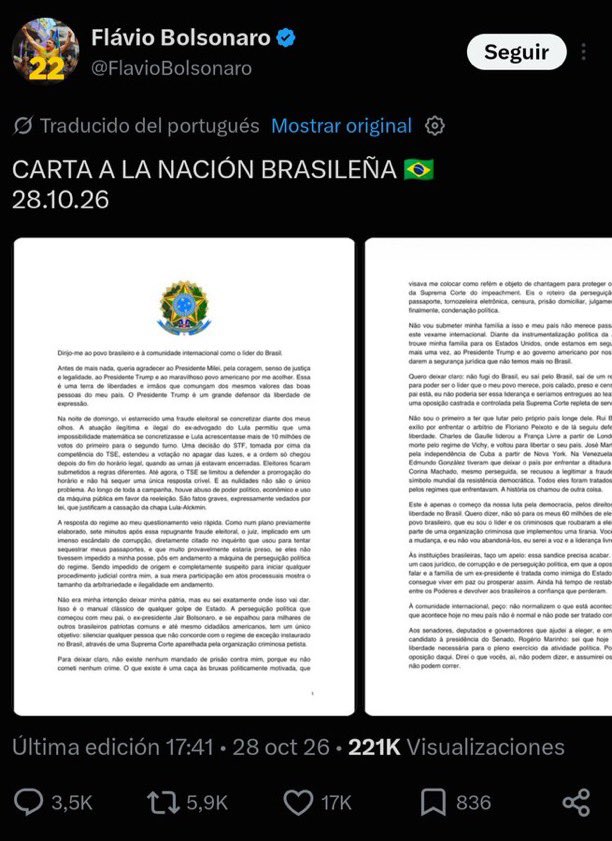 DevoxPeron's tweet photo. El autoproclamado presidente de Brasil, Flavio Bolsonaro, arrugó y editó la carta que publicó en redes

Ya no es presidente, es el líder de Brasil https://t.co/7RukBKuYND