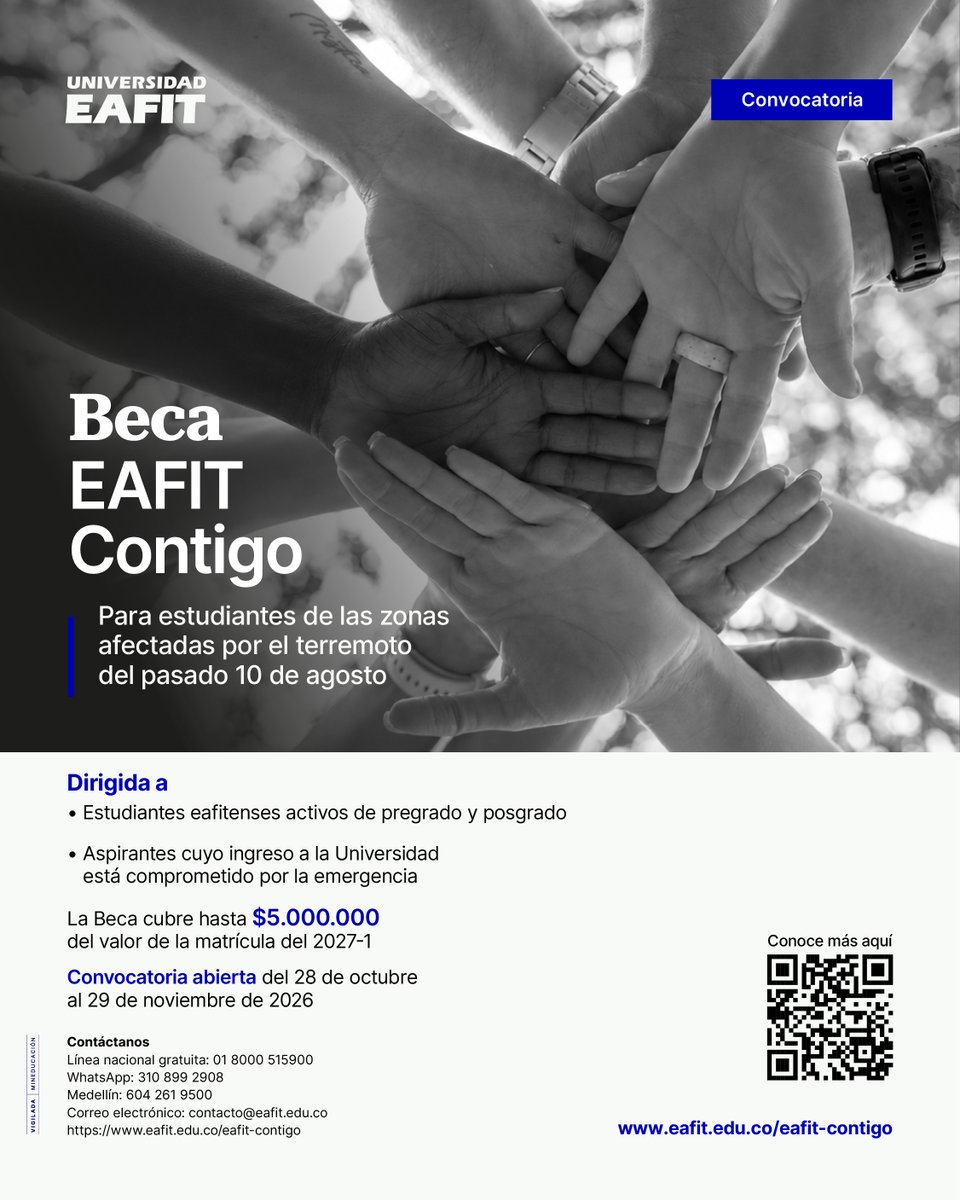 EAFIT's tweet photo. En #EAFIT somos conscientes de las dificultades que aún enfrentan algunos de nuestros estudiantes y sus familias a causa del sismo del 10 de agosto de 2026. Por ello, seguimos buscando alternativas para acompañar a nuestra comunidad y brindar nuestro apoyo, así surge la Beca #EAFITContigo 🫂💙

🎓Con esta beca queremos que las afectaciones ocasionadas por la emergencia no sean un impedimento para continuar sus estudios o ingresar a nuestra Universidad. 

📌Se trata de un apoyo económico no reembolsable para el pago de matrícula para el semestre 2027-1 🗓️, dirigido a estudiantes activos y aspirantes admitidos que hayan sufrido afectaciones directas por el sismo y cumplan con los requisitos de la convocatoria.

🚨Convocatoria abierta del 28 de octubre al 29 de noviembre de 2026. 🗓️

🔎Conoce los requisitos y el proceso para postularte aquí: https://t.co/weCyJiMa6C