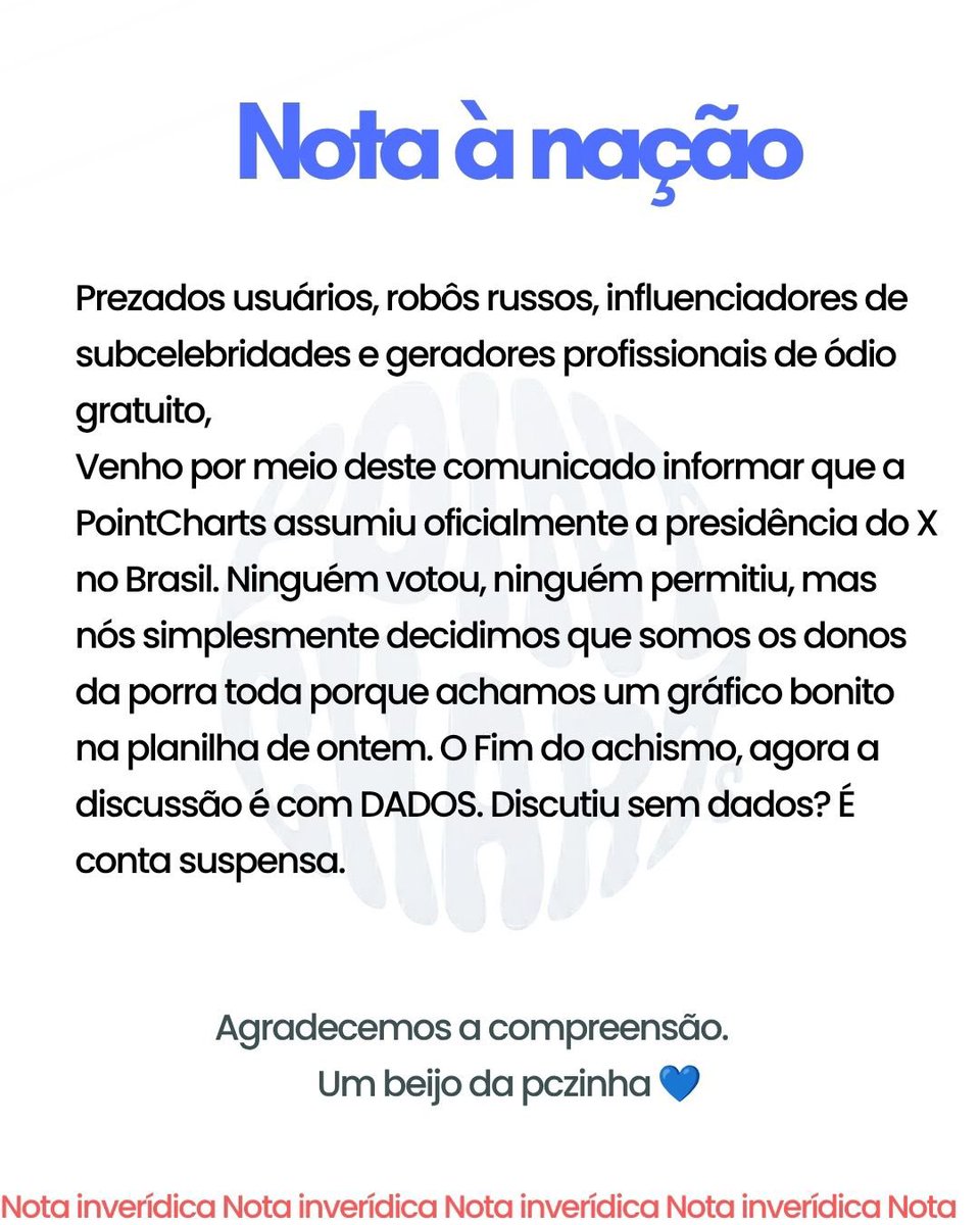 pointcharts's tweet photo. Nota à nação. A PointCharts é presidente ELEITO. https://t.co/U0zIJv7M5U