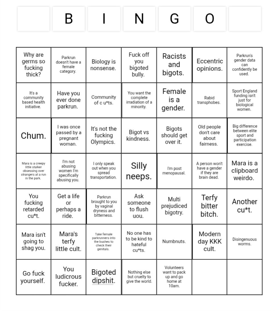 rowingdonna's tweet photo. @mara_yamauchi "Female is real, and it's sex, femininity is unreal, and it's gender." Remember, they wouldn't try to silence you if your voice held no power.
Eyes down you "terfy, bitter, bitches" for the easiest game of bingo you'll ever play!😂 https://t.co/mUpmaAQmAv