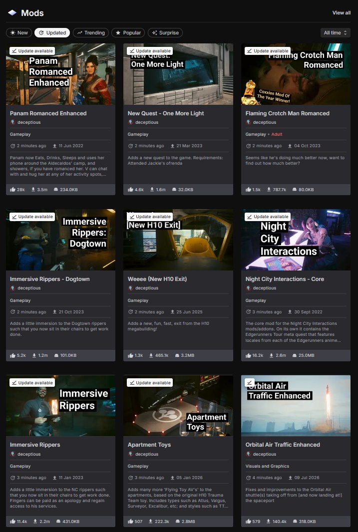 DeceptiousPhil's tweet photo. Round three of Nexus mod updates!🛠️
This time focused on the 'indirect edits' - updating ArchiveXL files, &amp; scripts, to retarget any sectors that changed in 2.5
#Modding #Cyberpunk2077 https://t.co/zGzEp11Bmt