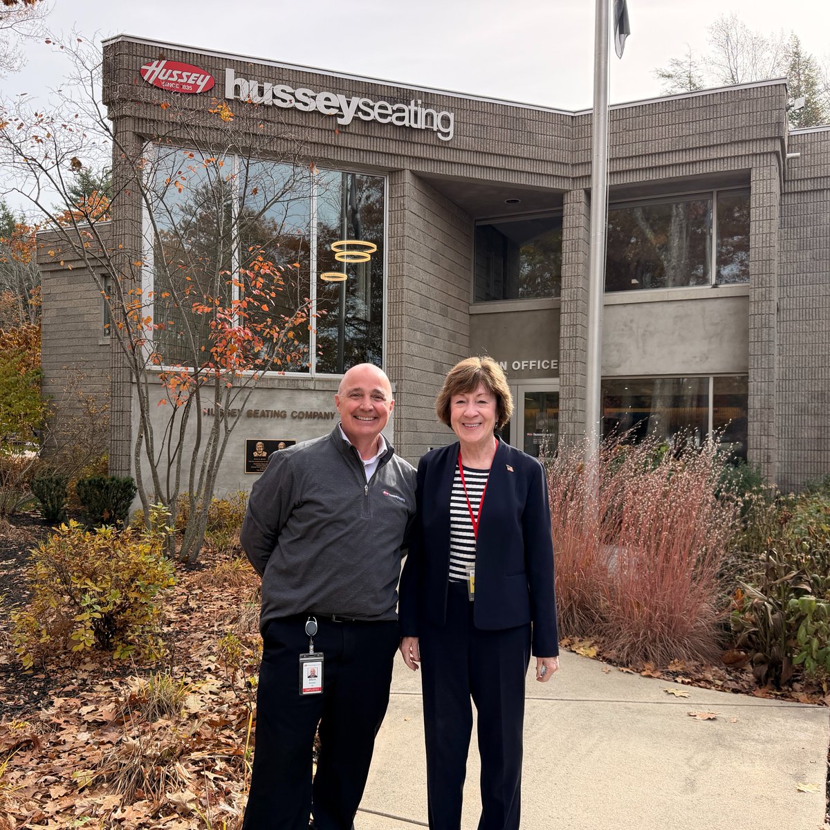 SenatorCollins's tweet photo. For nearly 200 years, Hussey Seating has been a cornerstone of the North Berwick business community, providing good jobs to generations of Mainers and manufacturing high-quality spectator seating used around the world.

Today, I visited Hussey Seating to meet with President and CEO Brian Deveaux and his team and to tour the company’s manufacturing facility.

I so enjoyed having the chance to speak with Hussey’s skilled workers, who are carrying on Maine’s proud tradition of manufacturing excellence!