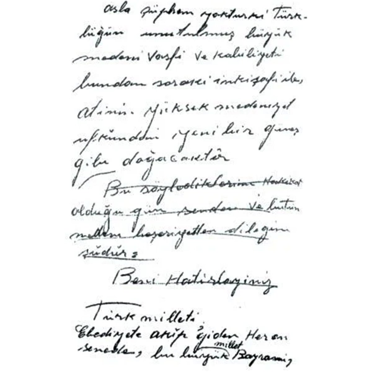 pusholder's tweet photo. Atatürk'ün 10. Yıl Nutku'nun taslağına yazıp daha sonra üzerini çizdiği cümle:

“Beni hatırlayınız.” https://t.co/VUVWsTbWWR