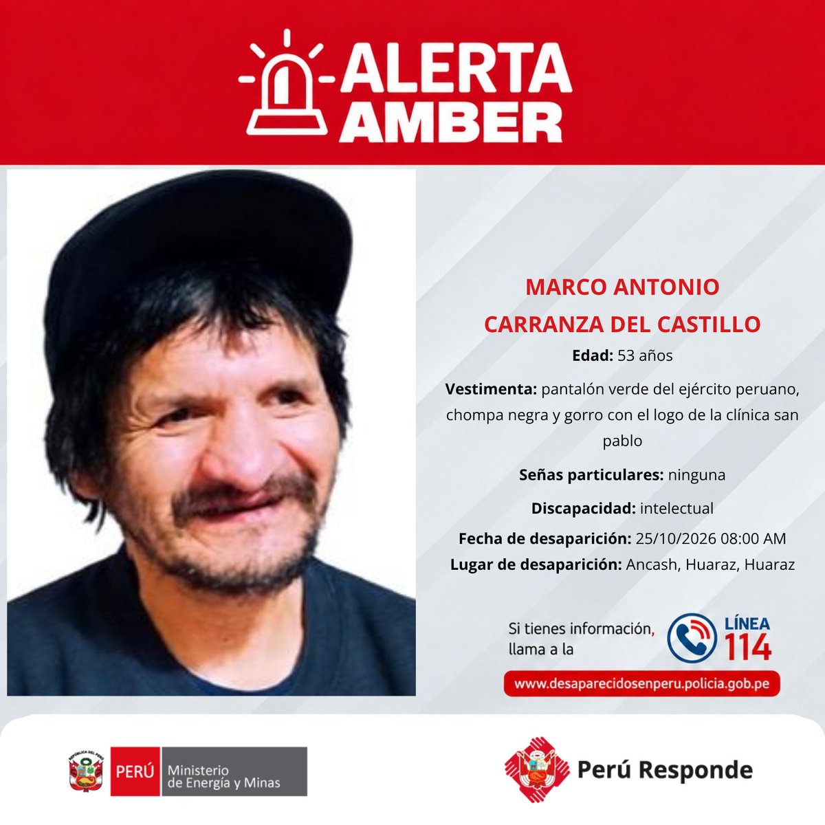 MinemPeru's tweet photo. #AlertaAmber 🚨 Se encuentran desaparecidos:

🚨 ANDREA SELENE RAMIREZ CHAMORRO, de 30 años.
🚨 CARMEN ROSA ROQUE TELLO, de 36 años.
🚨 JOHN YOVANY DE LA CRUZ ANICETO, de 44 años.
🚨 MARCO ANTONIO CARRANZA DEL CASTILLO, de 53 años.

☝🏻Si los has visto, comunícate con la línea 📲 114 de la Policía Nacional del Perú.