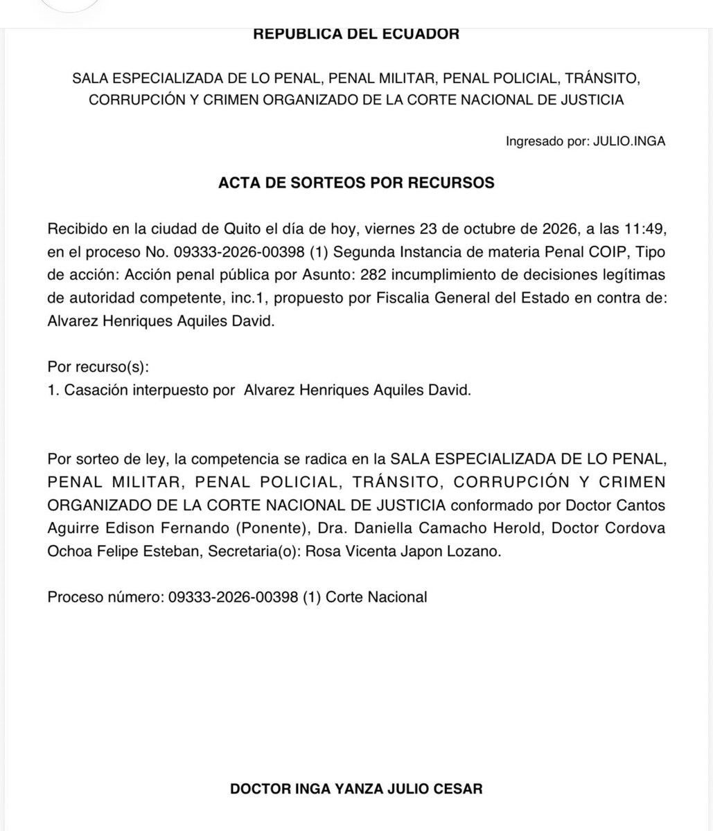 Danielsalcan_'s tweet photo. Esto es inaudito. El sorteo para elegir jueces en el caso del alcalde de Guayaquil se realizó el 23 de este mes a escondidas y ¡RECIÉN LO PUBLICAN HOY!, sin informar a la defensa del alcalde, vulnerando su derecho a la defensa. Aquiles Álvarez es otro preso político en Ecuador. https://t.co/NJ6G6OUVf4