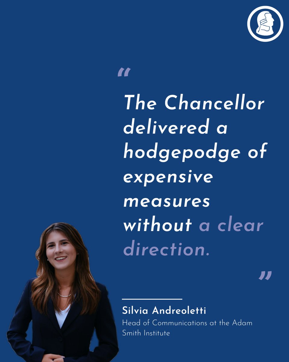 ASI's tweet photo. Commenting on the Budget, Silvia Andreoletti, Head of Communications at the Adam Smith Institute, said: 

“Instead of cutting taxes and spending, the Chancellor delivered a hodgepodge of expensive measures without a clear direction. They'll plunge the country deeper into debt and sabotage efforts to get Britain growing.

The OBR figures could not speak more clearly: inflation is on the rise, growth is a distant dream, and government borrowing is out of control. Support on energy costs and small business rate relief sound good from the dispatch box, but they will likely be wiped out by rising inflation and sluggish demand.

What good is business rate relief for a small business that can’t afford to hire employees because the minimum wage has been increased, can’t borrow money because its bank is overburdened by taxes, and can barely pay its rising energy bills?”
