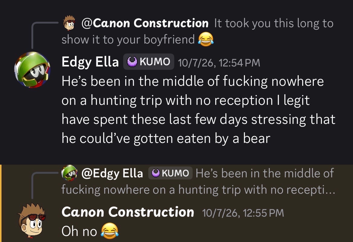 edgy_ella's tweet photo. I guess I’ll throw my hat in the ring; this was from the Tales of Odysseus server after I said I was showing the video to my boyfriend. Not as bad as what others went through with him but idk that level of passive aggressiveness really pissed me off. https://t.co/1vhqx6kpmI