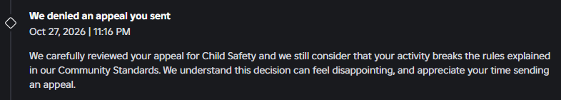 cyclesenc0re's tweet photo. @Roblox  

My account got banned after I had attempted to inform a child that the THIRD PARTY site they were using was dangerous and could lead to them getting taken advantage of.   

I had almost 250 dollars plus more worth of robux on my account.

#roblox https://t.co/TuG4I5L2pz