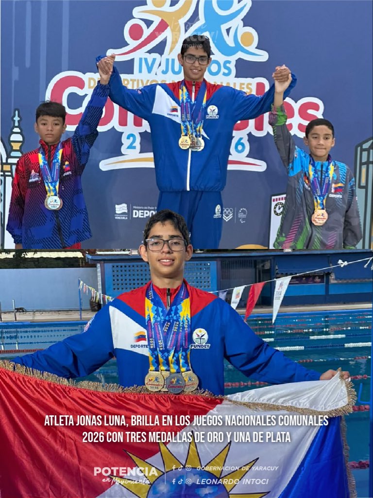 GobYaracuy's tweet photo. El nadador yaracuyano Jonas Luna sumó cuatro preseas para la entidad durante su participación en los IV Juegos Nacionales Comunales Venezuela Renace 2026. La representación deportiva regional destacó con tres medallas de oro en las pruebas de 400m libre, 200m libre y 200m combinados, además de una medalla de plata en los 100m libre, según informó el presidente de Fundey, Jesús Sierra.