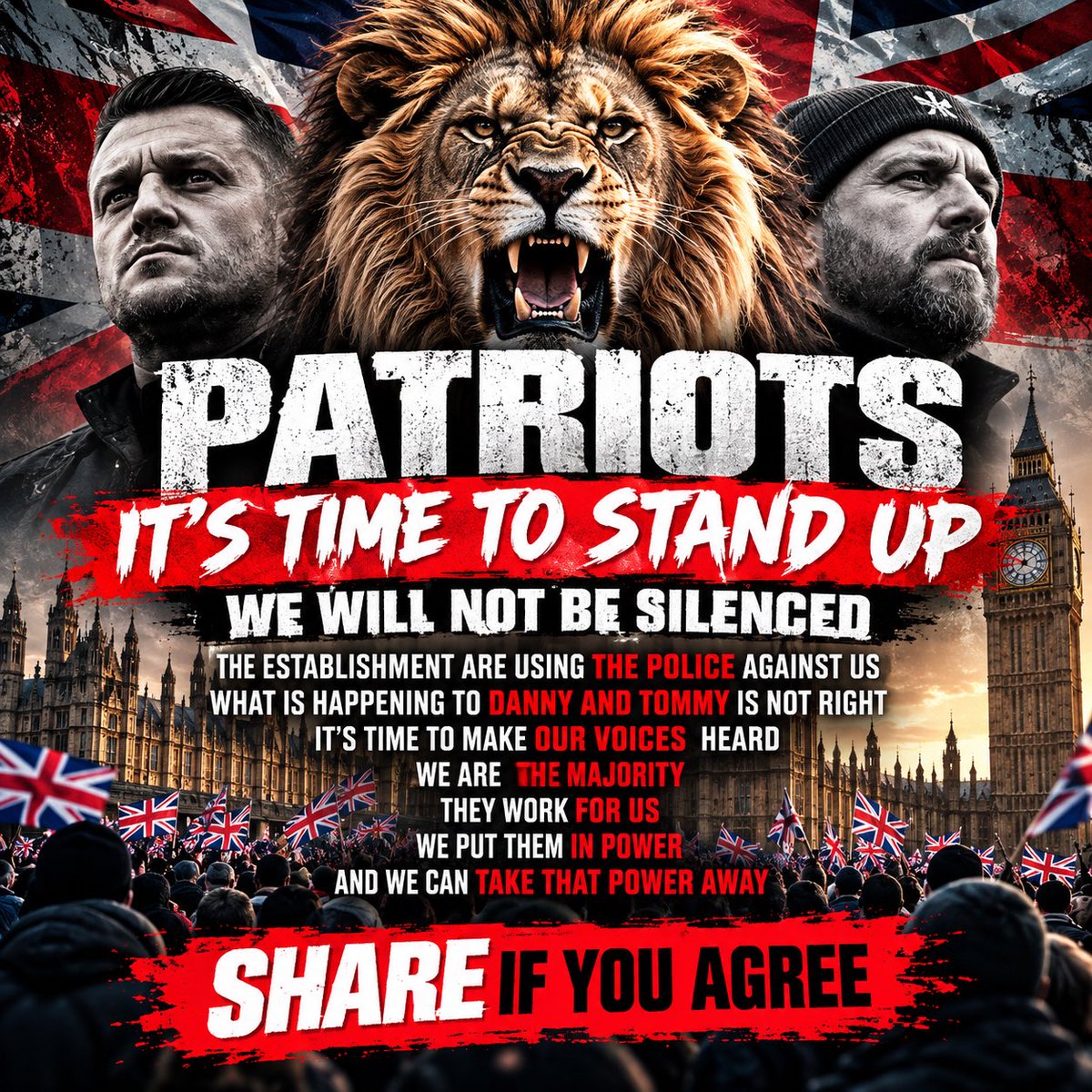 buckspatriots's tweet photo. PATRIOTS — IT’S TIME TO STAND UP. WE WILL NOT BE SILENCED!

Enough is enough.

Across Britain, people are questioning how police powers, arrests, raids and prosecutions are being used against those who challenge the establishment.

The treatment of Danny Tommo and the continuing legal battles surrounding Tommy Robinson have raised serious concerns about freedom of expression, political dissent and equality before the law.

WE DEMAND ANSWERS. WE DEMAND ACCOUNTABILITY.

Why are peaceful protesters facing restrictions?

Are police powers being exercised fairly and proportionately?

Are the same legal standards being applied to everyone, regardless of their political beliefs?

These are questions the public has every right to ask.

THE POLICE MUST UPHOLD THE LAW, NOT POLITICAL OPINIONS.

THE COURTS MUST DELIVER JUSTICE WITHOUT FEAR OR FAVOUR.

AND THE GOVERNMENT MUST REMEMBER WHO IT SERVES.

Our elected representatives work for the British people. They are accountable to us through Parliament, the ballot box and public scrutiny.

IT’S TIME TO GET ORGANISED.

We want to see communities coming together every weekend, exercising their democratic rights peacefully, lawfully and with determination.

No violence. No intimidation. Just ordinary people standing together and demanding to be heard.

We don’t need to agree on everything to stand together for freedom of speech, fairness and accountability.

UNITED IN PURPOSE. UNITED IN OUR RIGHTS. UNITED IN OUR DETERMINATION TO BE HEARD.

@TRobinsonNewEra
@RealDannyTommo
@RupertLowe10

PATRIOT RESISTANCE IS CALLING ON PEOPLE TO GET INVOLVED.

FOLLOW OUR PAGE for news, updates and details of future peaceful gatherings as they are announced.

LIKE to support independent reporting.

COMMENT with your thoughts.

REPOST AND SHARE TO HELP OTHERS FIND THE PAGE.

OUR VOICES MATTER. OUR RIGHTS MATTER.

#PatriotResistance #BritishPatriots #FreedomOfSpeech #PoliceAccountability #CivilLiberties #PeacefulProtest #UKPolitics