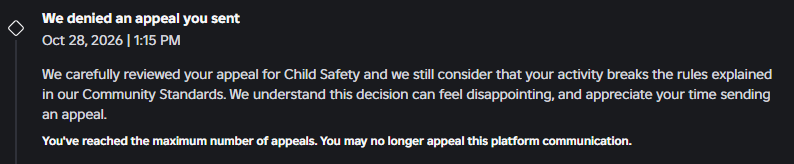 cyclesenc0re's tweet photo. @Roblox  

My account got banned after I had attempted to inform a child that the THIRD PARTY site they were using was dangerous and could lead to them getting taken advantage of.   

I had almost 250 dollars plus more worth of robux on my account.

#roblox https://t.co/TuG4I5L2pz
