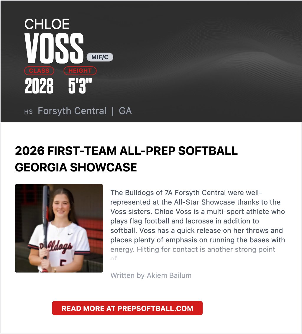 chloe_voss28's tweet photo. TY to @PrepSoftball for naming me to the Georgia Showcase 1st Team &amp; giving me the opportunity to show my skills! See my evaluation below. @DukesSkinner16u @NCSA_Softball @RUSoftball22 @TopPreps @LineDsoftball @Lady_DukesSB @ladydukesSE @PiedmontSB https://t.co/1YNgAJ0Keu