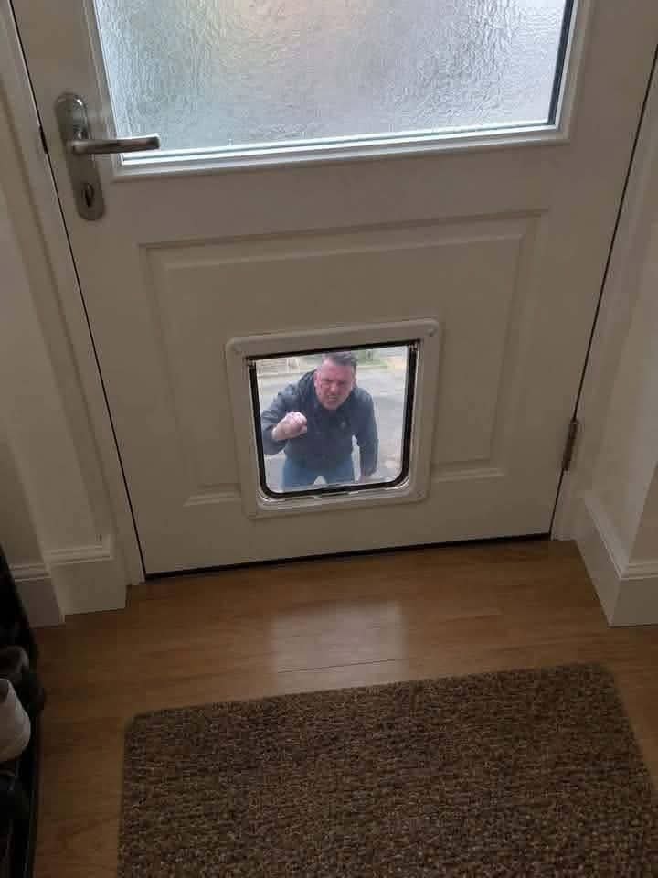 TheLittleWaster's tweet photo. "Who's that at this time, knocking at the catflap"?
"Oh it's Tommy." https://t.co/dI6y9fwRpz