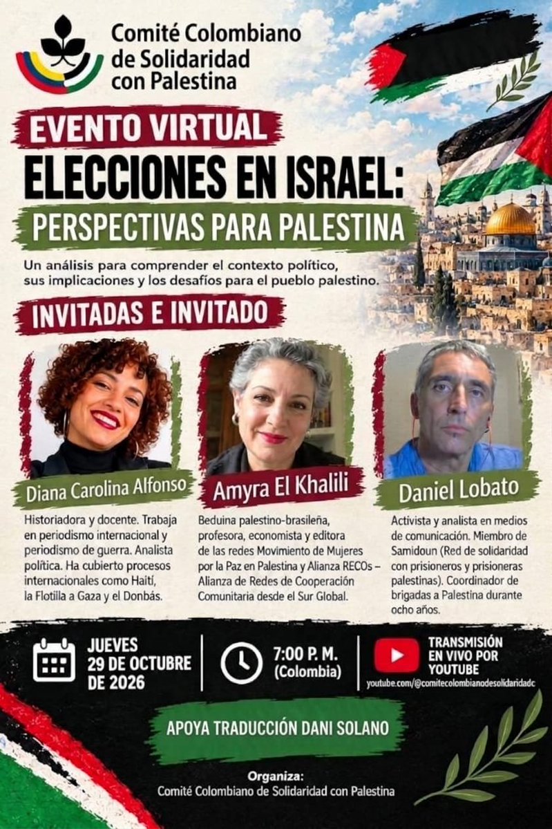 lobatobdan's tweet photo. ¿Qué significan para el pueblo palestino las votaciones en el seno de una sociedad de colonos con un sadismo y violencia en crecimiento exponencial?

Con @DianaAlfonso91, Amyra El Khalili, @lobatobdan, @ComiteCOL_PAL.

🔻Jueves 28/10
🔻7pm Bogotá 
🔻1am Madrid (29/10)
🔻https://t.co/6M0mmMfyfY