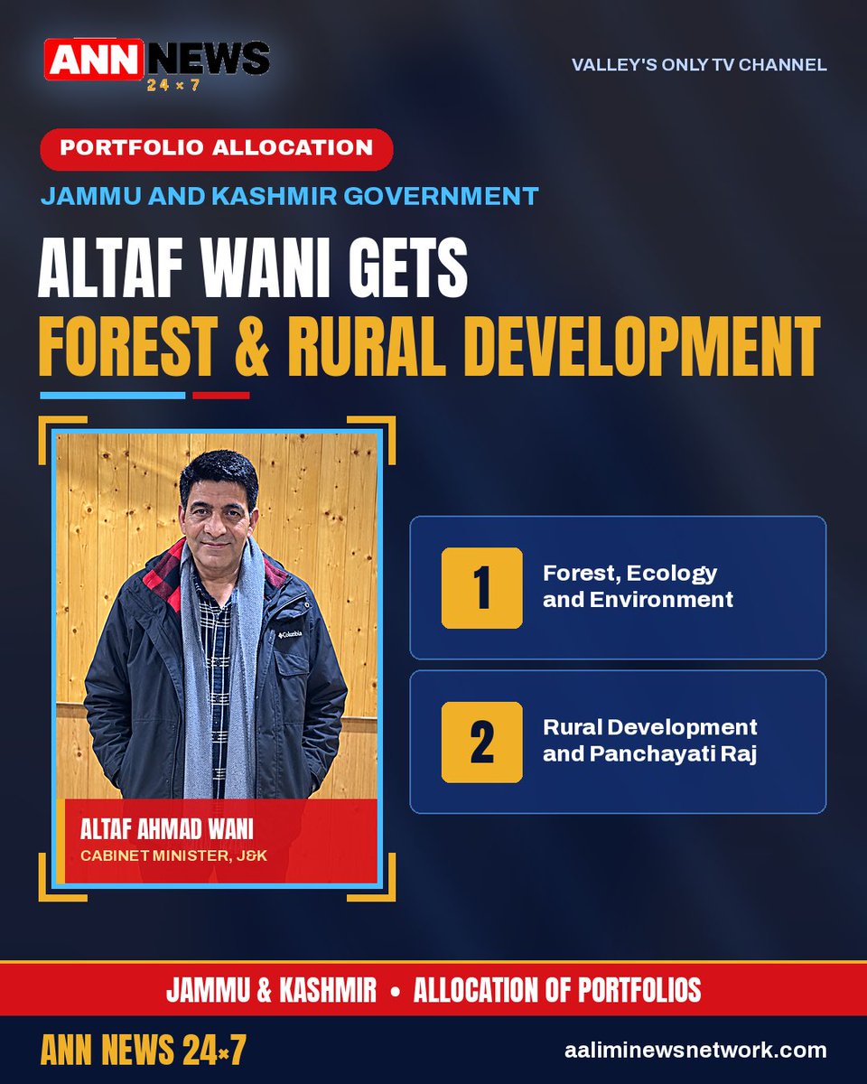AnnNewsKashmir's tweet photo. Altaf Wani Gets Forest, Ecology and Rural Development Portfolios
#JammuAndKashmir #AltafWani #AltafAhmadWani #PortfolioAllocation #JKGovernment #Forest #Environment #RuralDevelopment #PanchayatiRaj #JKPolitics #Kashmir #ANNNews #ANNNews24x7 #BreakingNews https://t.co/jtrkbJr592